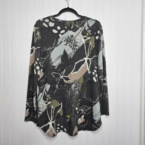 LOGO Lounge Lori Goldstein Womens Cloud Waffle Printed Scoop Neck Top Sz XS Gray - Picture 2 of 8